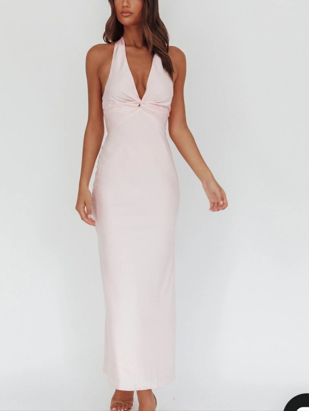 Here Comes The Sun Devotion Twist Bust Halter Maxi Dress Baby Pink Size S